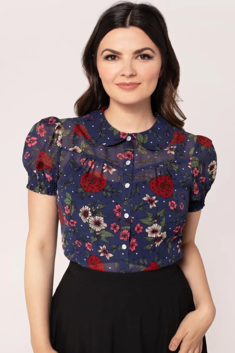 Hell Bunny Tops|Blouses>Camellia Blouse Blue