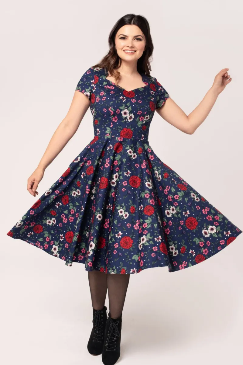 Hell Bunny Dresses|Vintage Dresses>Camellia Midi Dress Blue