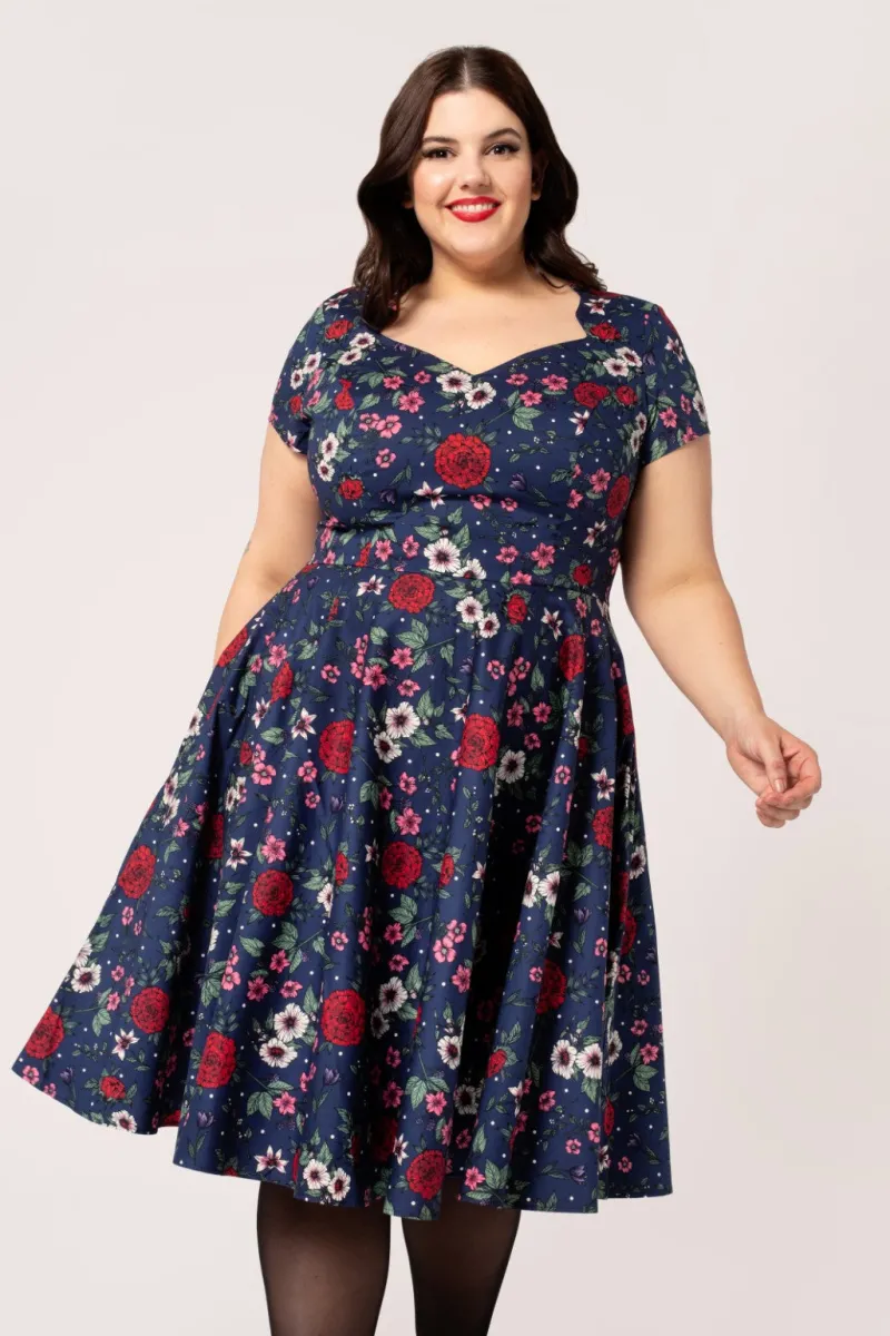Hell Bunny Dresses|Vintage Dresses>Camellia Midi Dress Blue