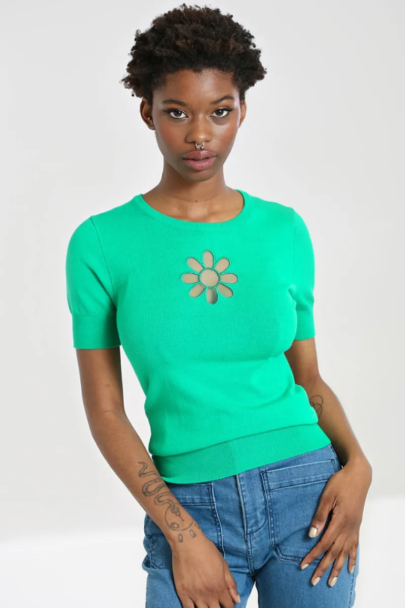 Hell Bunny Tops|Knitwear>Flower Power Top Green