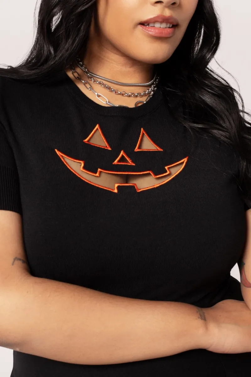 Hell Bunny Tops|Knitwear>Jack-O-Lantern Top Black/Orange