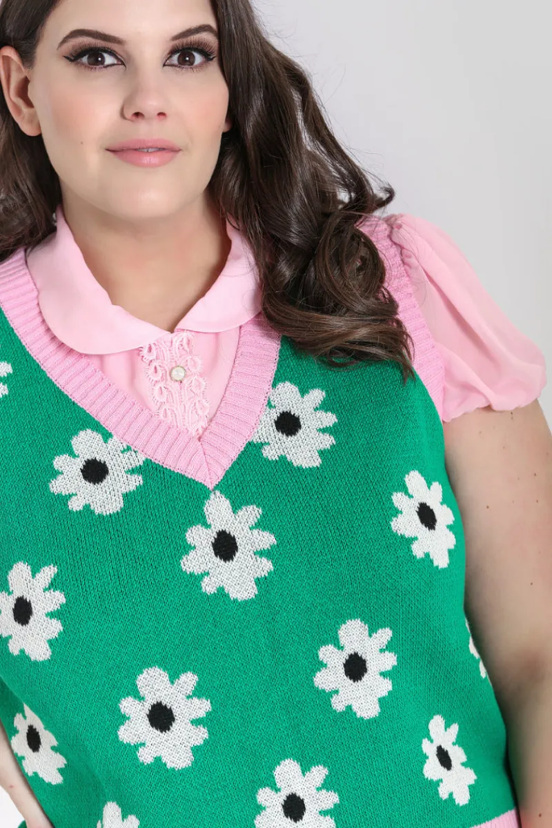 Hell Bunny Tops|Knitwear>Kitsch Daisy Vest Green