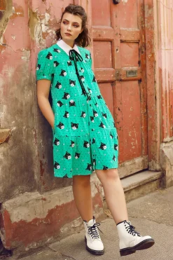 Hell Bunny Dresses|Dresses>Love Cats Mini Dress Green