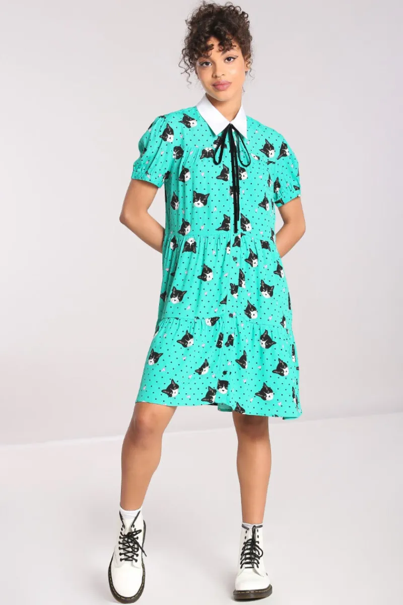 Hell Bunny Dresses|Dresses>Love Cats Mini Dress Green
