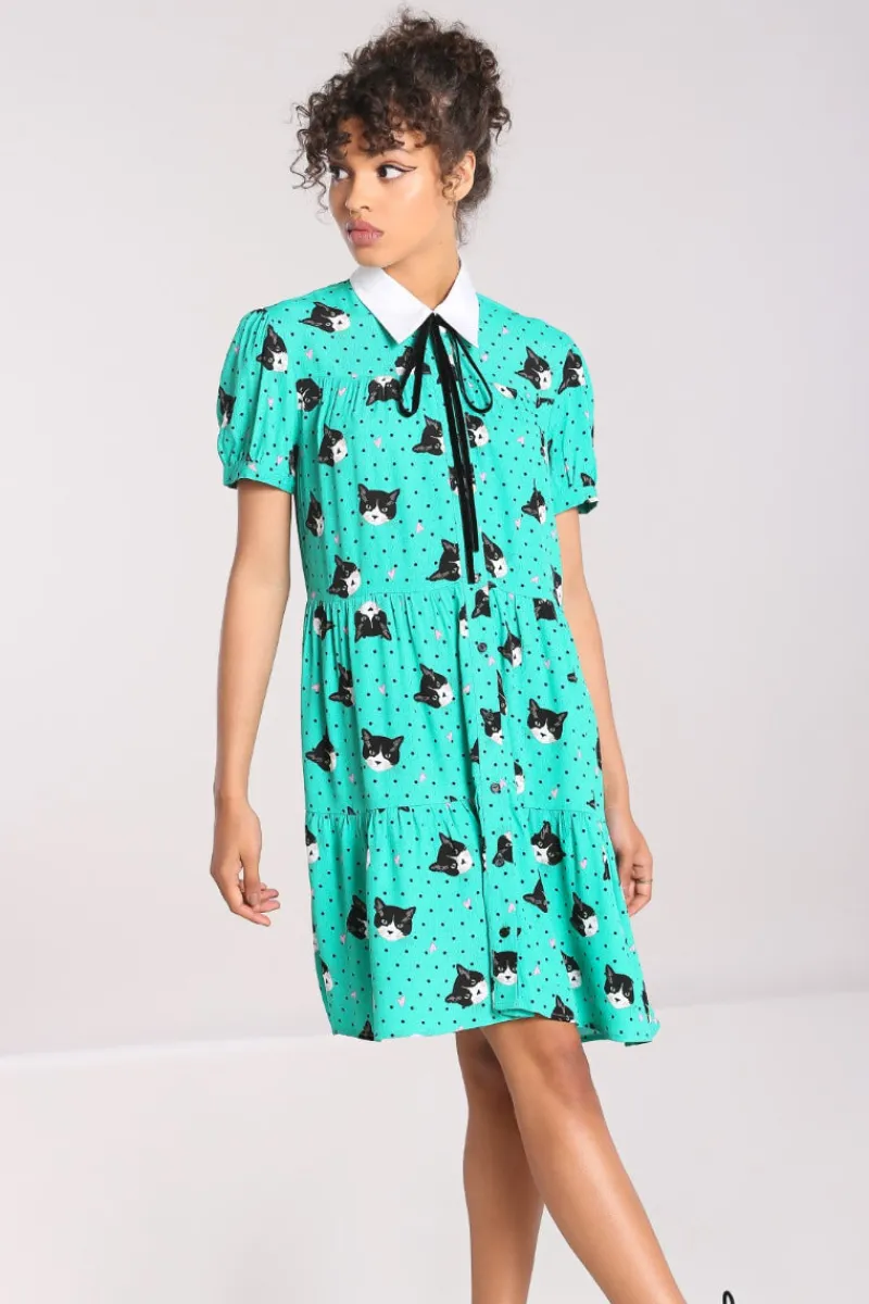 Hell Bunny Dresses|Dresses>Love Cats Mini Dress Green