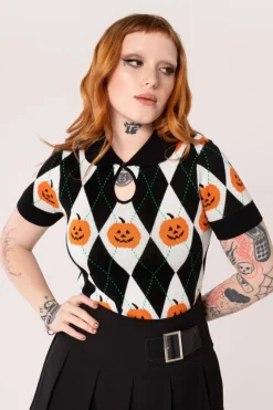 Hell Bunny Tops|Knitwear>Pumpkin Head Top Black/White