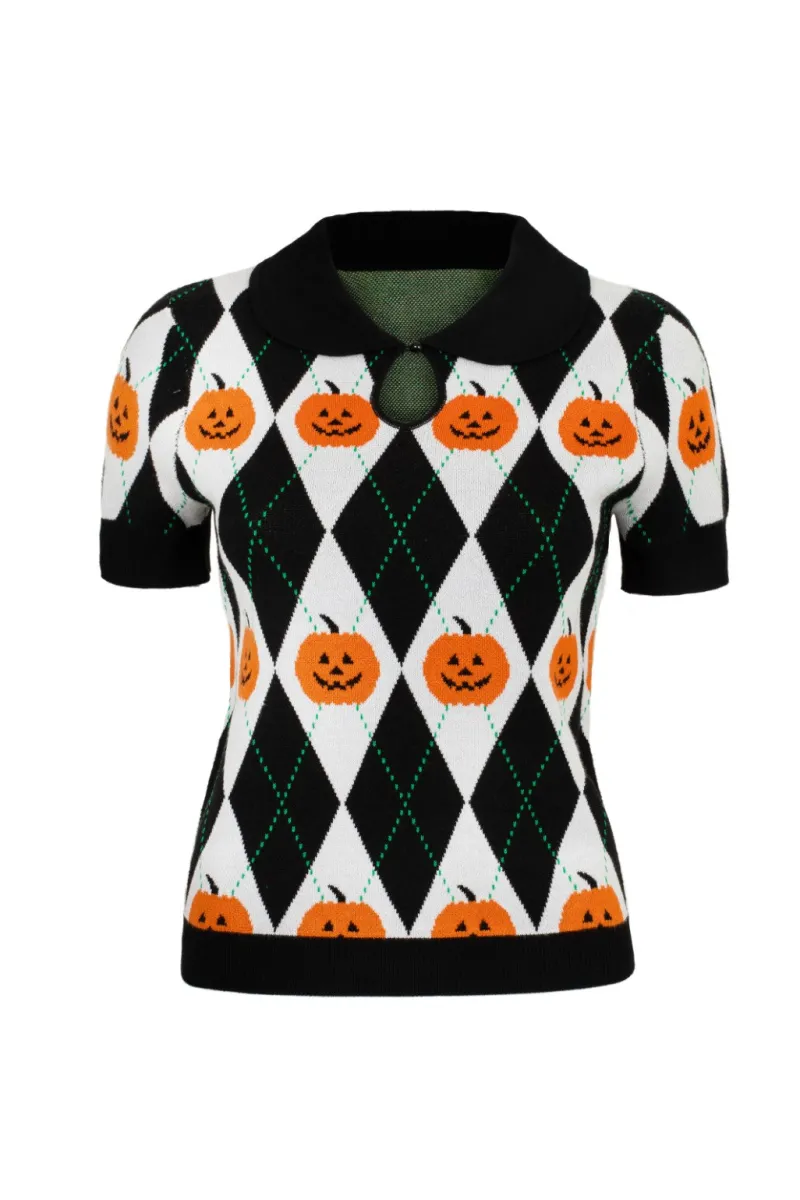 Hell Bunny Tops|Knitwear>Pumpkin Head Top Black/White