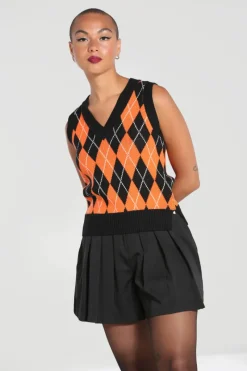 Hell Bunny Tops|Knitwear>Rhombus Vest -Orange Black