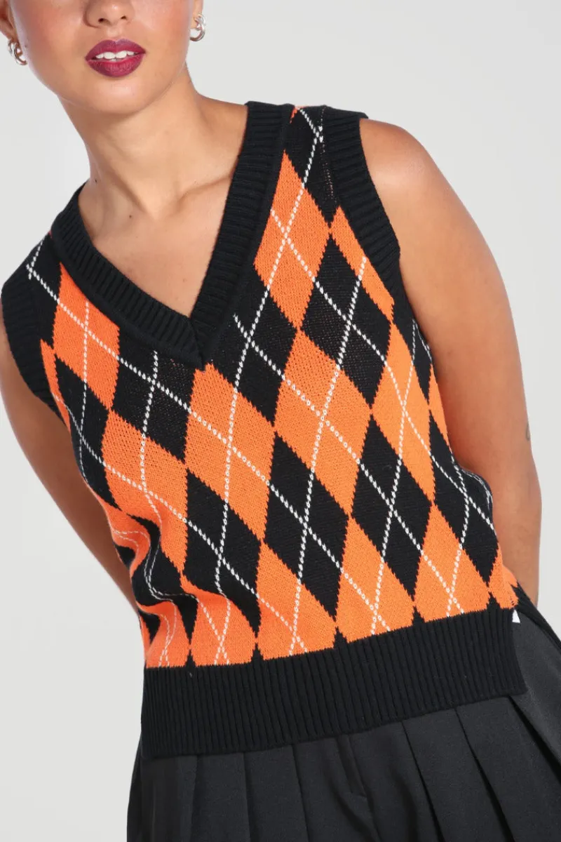 Hell Bunny Tops|Knitwear>Rhombus Vest -Orange Black