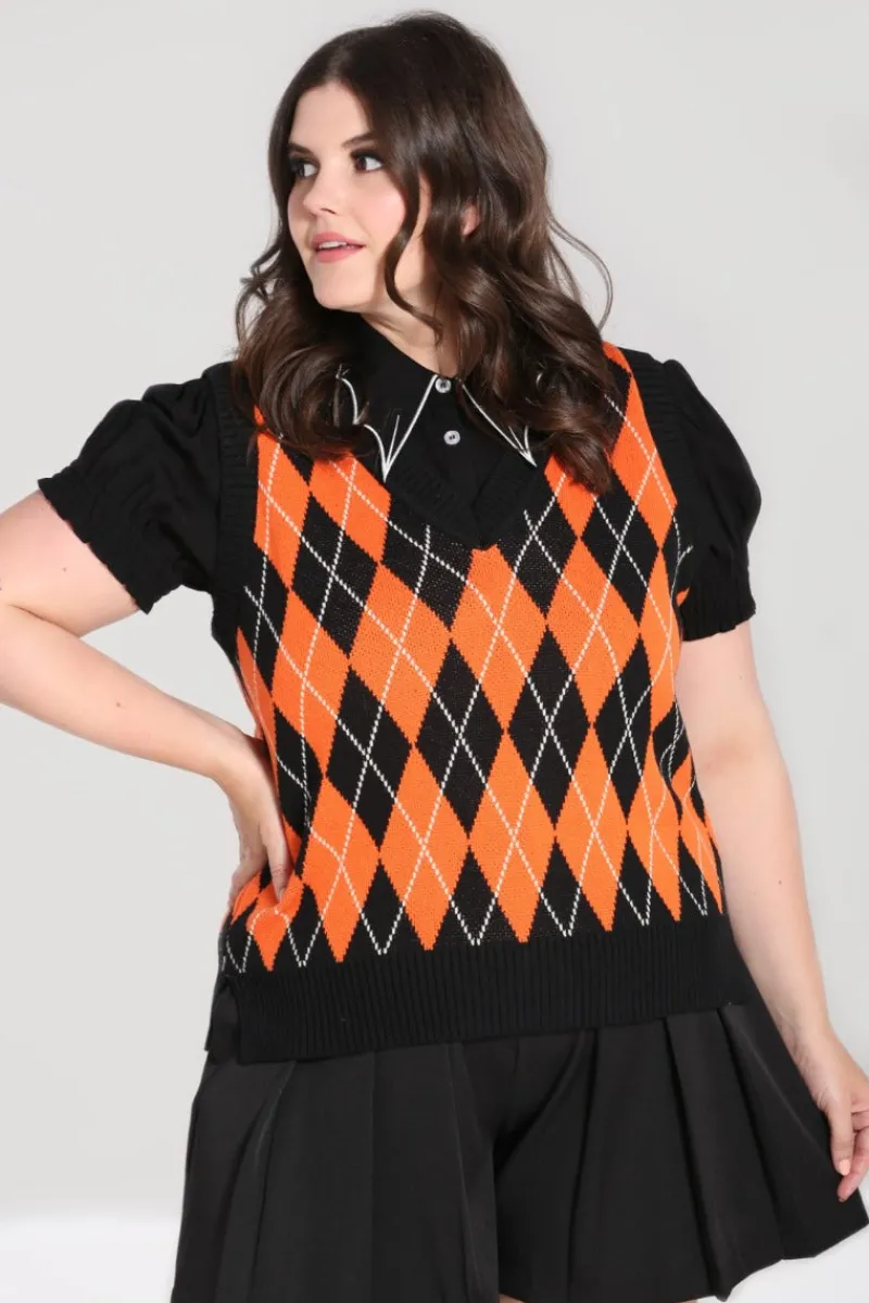 Hell Bunny Tops|Knitwear>Rhombus Vest -Orange Black