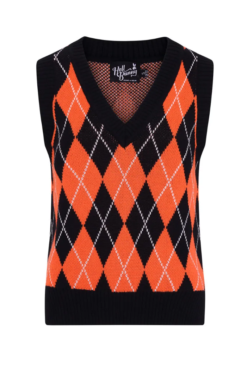 Hell Bunny Tops|Knitwear>Rhombus Vest -Orange Black