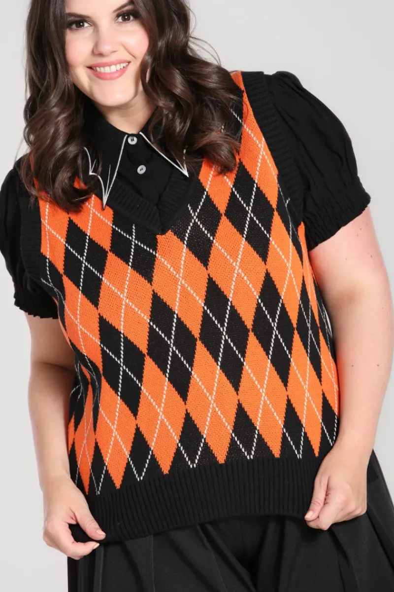 Hell Bunny Tops|Knitwear>Rhombus Vest -Orange Black