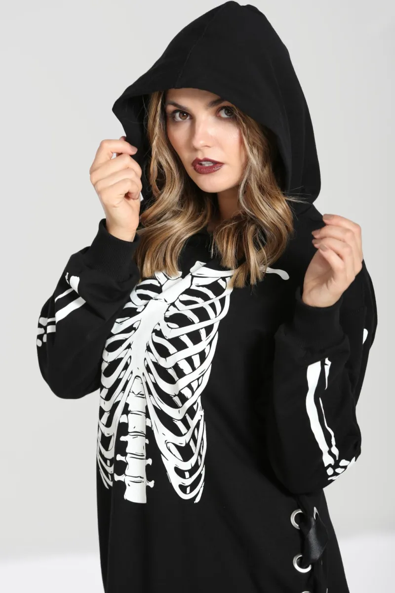 Hell Bunny Tops|Dresses>Skeleton Hoodie Dress Black