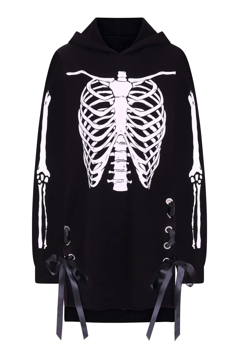 Hell Bunny Tops|Dresses>Skeleton Hoodie Dress Black