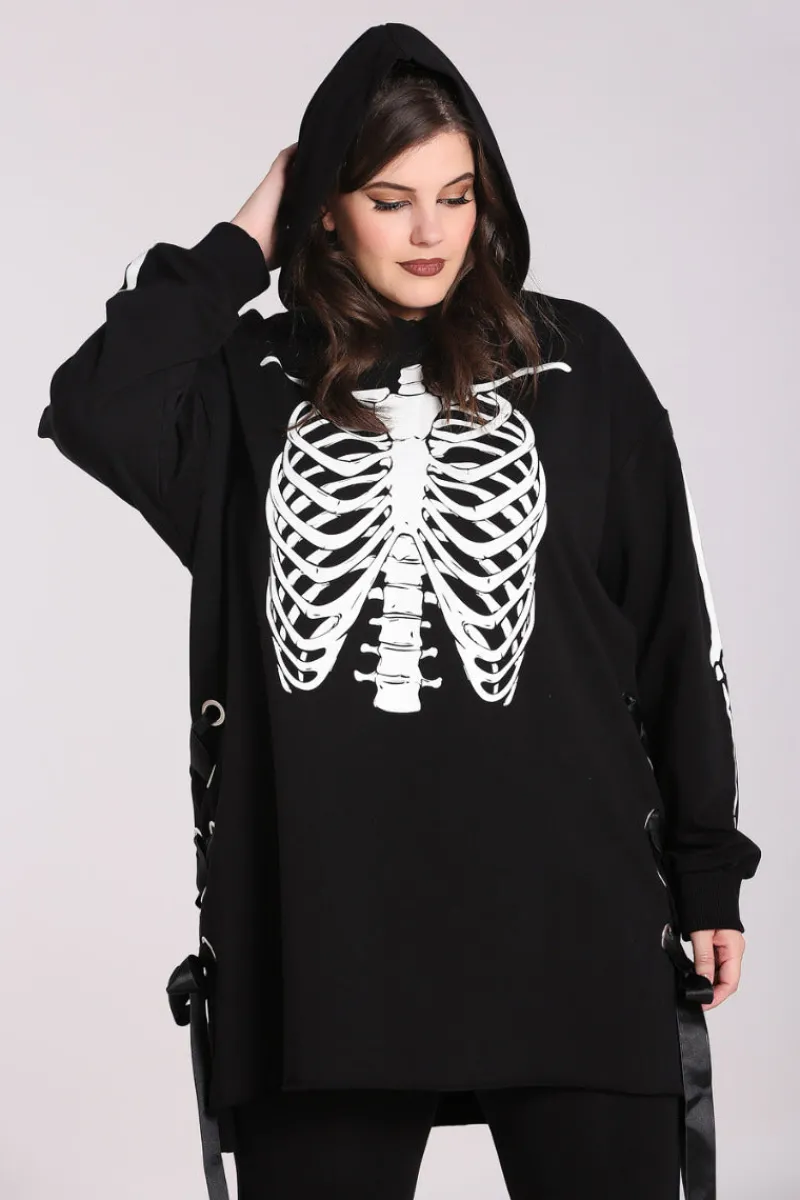 Hell Bunny Tops|Dresses>Skeleton Hoodie Dress Black