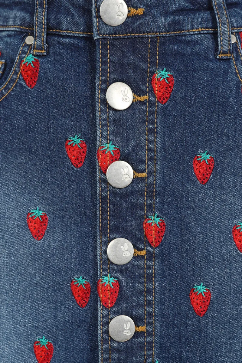 Hell Bunny Skirts|Denim>Strawberry Denim Mini Skirt Blue