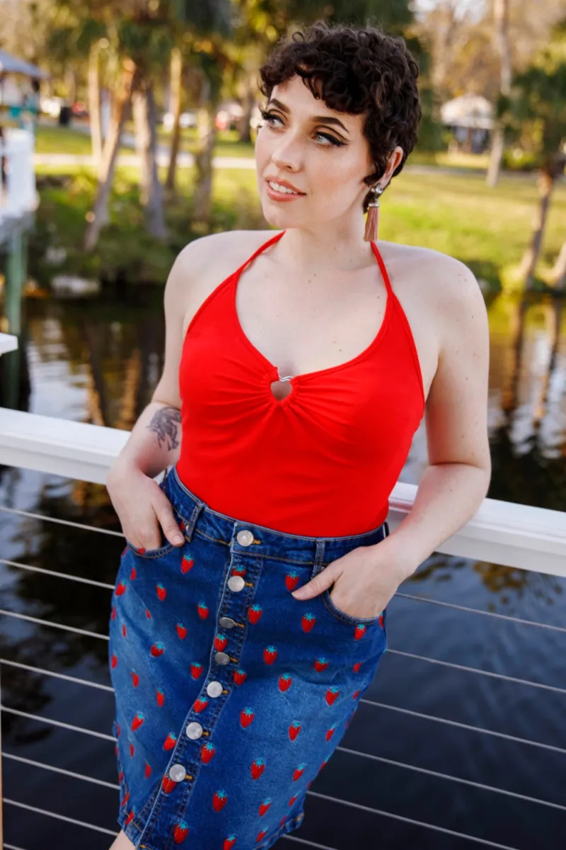 Hell Bunny Skirts|Denim>Strawberry Denim Mini Skirt Blue