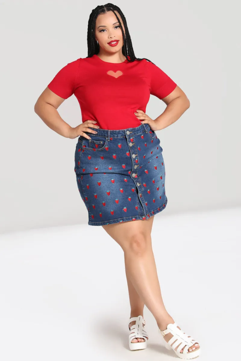 Hell Bunny Skirts|Denim>Strawberry Denim Mini Skirt Blue