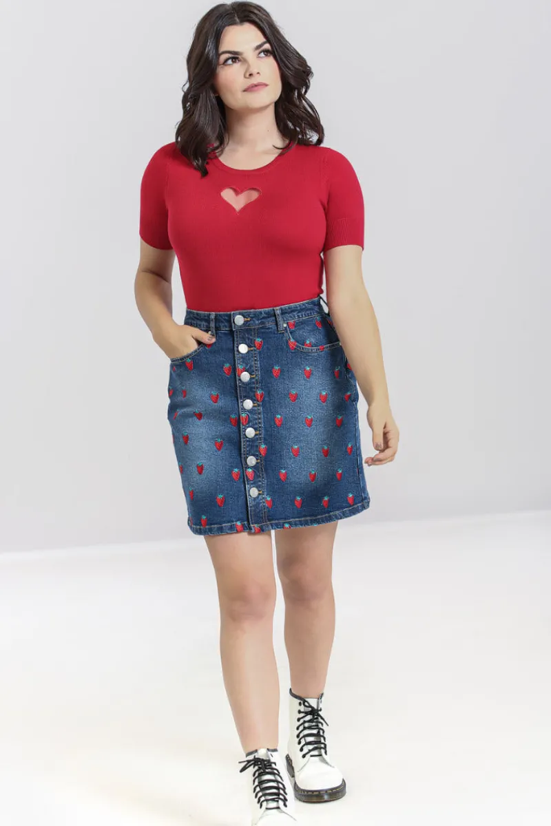 Hell Bunny Skirts|Denim>Strawberry Denim Mini Skirt Blue