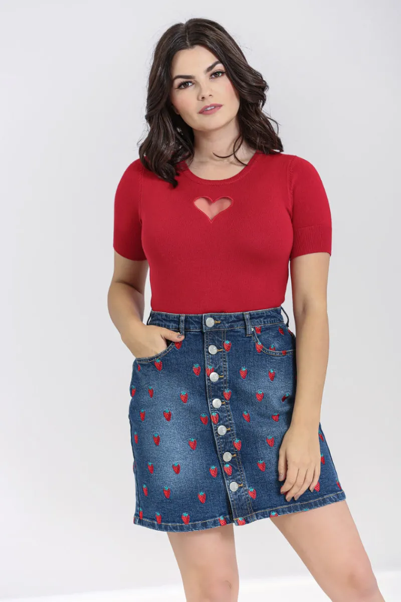 Hell Bunny Skirts|Denim>Strawberry Denim Mini Skirt Blue