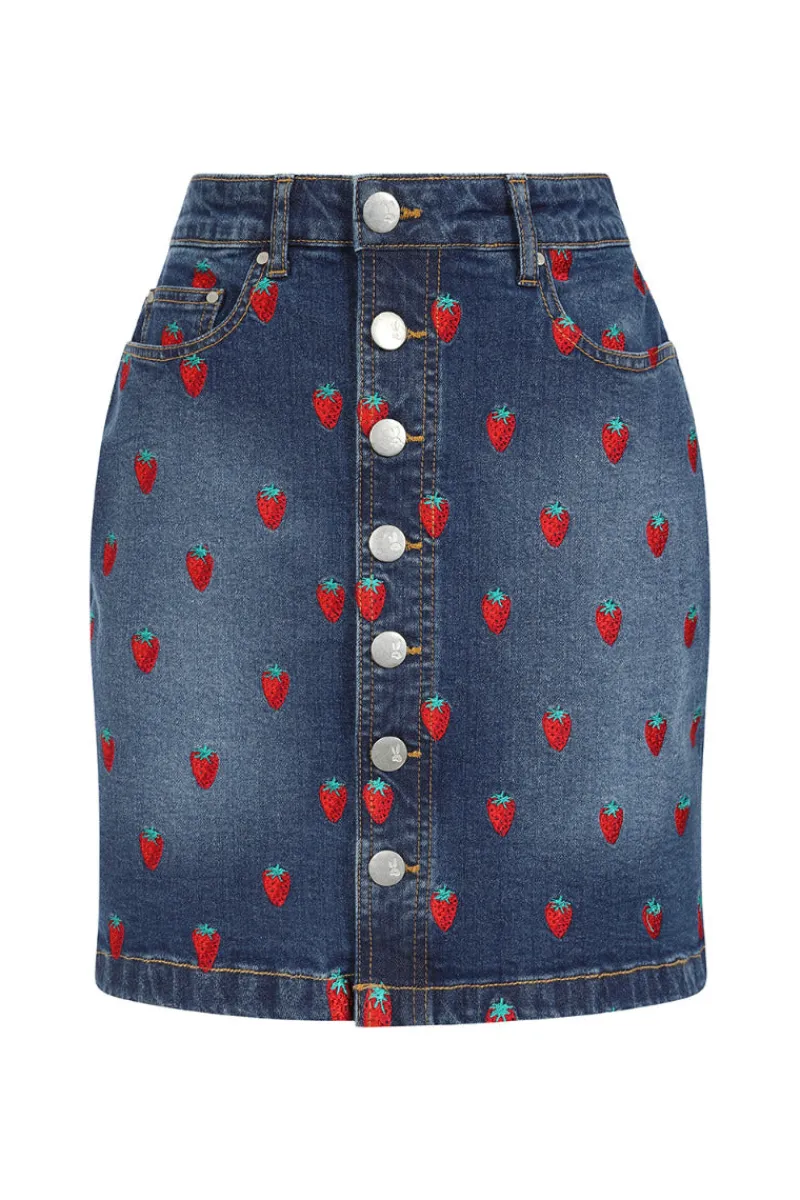 Hell Bunny Skirts|Denim>Strawberry Denim Mini Skirt Blue
